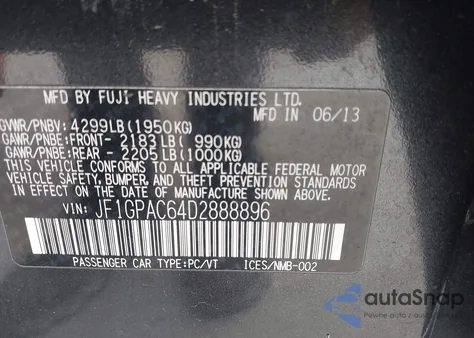 2013 Subaru Impreza 2.0I Premium z USA, uszkodzony, nr VIN JF1GPAC64D2888896